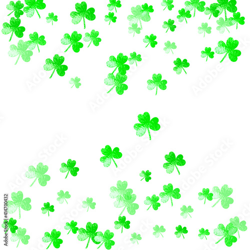 St patricks day background with shamrock. Lucky trefoil confetti. Glitter frame of clover leaves. Template for party invite, retail offer and ad. Dublin st patricks day backdrop.