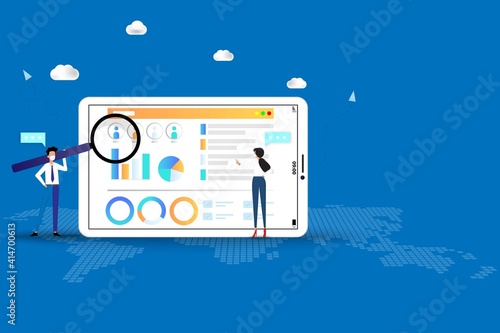 Human Resources Concept, HR manager and staff are working on a big screen of tablet to recruit a new staff or analyze a performance of employee in blue color background.