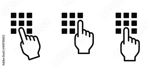 Pin code, password. Access security lock, identification unlock Vector hand buttons icon. Pin code keypad, hand pushing. The finger presses the buttons, the choice.