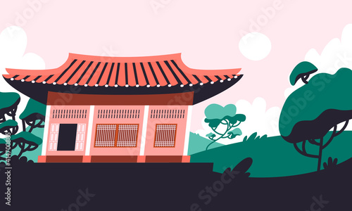 Hanok house flat cartoon illustration. Korean traditional building  banner design. Asian architecture, folk town, historical6 tourist place printing card