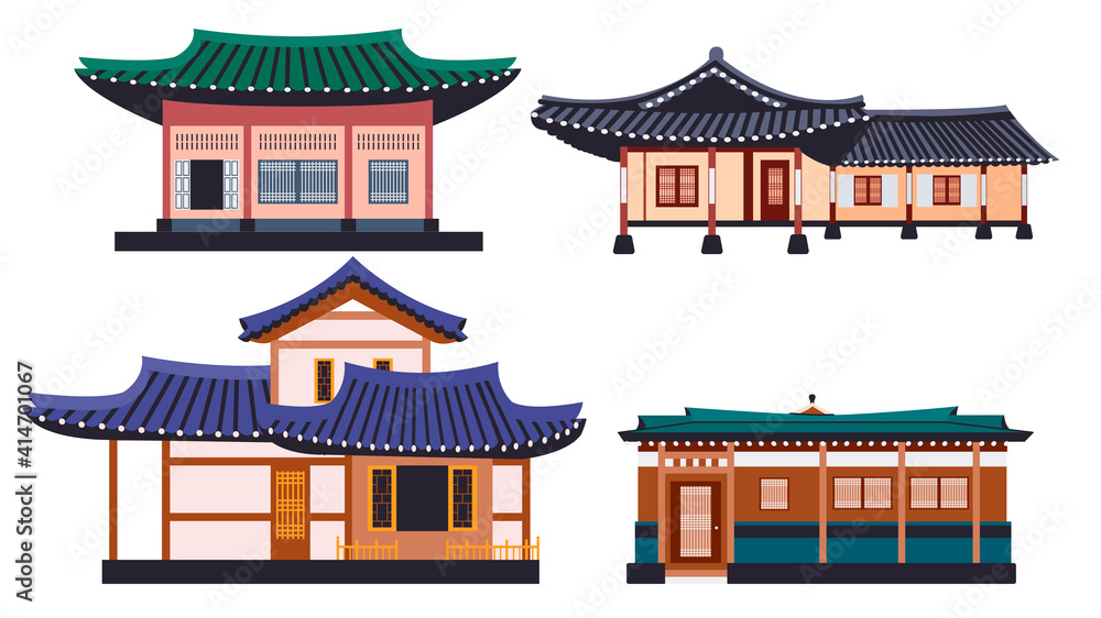 Hanok buildings isolated vector illustration set. Traditional Korean