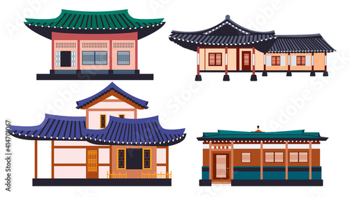 Hanok buildings isolated vector illustration set. Traditional Korean house design element collection. Ancient, classic asian town in cartoon style.