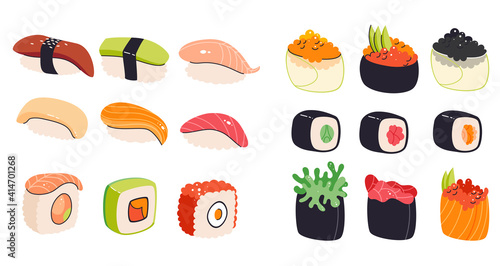 Sushi, rolls, gunkan collection . Various Asian food. Japanese sashimi with different ingredients. Seaweed and fish meals cartoon clipart.