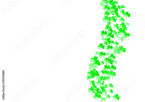 St patricks day background with shamrock. Lucky trefoil confetti. Glitter frame of clover leaves. Template for voucher  special business ad  banner. Happy st patricks day backdrop