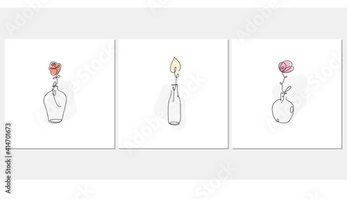 Beautiful one line floral vase set flat cartoon illustration. Collection of minimalist bottles with flowers  banner designs. Wedding, simple trendy printing card
