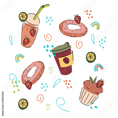 Confectionery or pastry sweet food and drinks set in doodle hand drawn style, cartoon vector illustration isolated on white background. Cakes and milkshakes, coffee and donuts bundle.