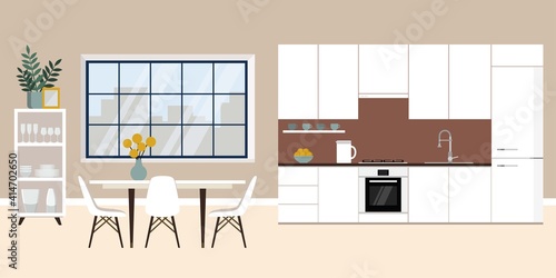 Modern cozy kitchen interior with white kitchen set, dining area and window. Flat style vector graphic illustration.
