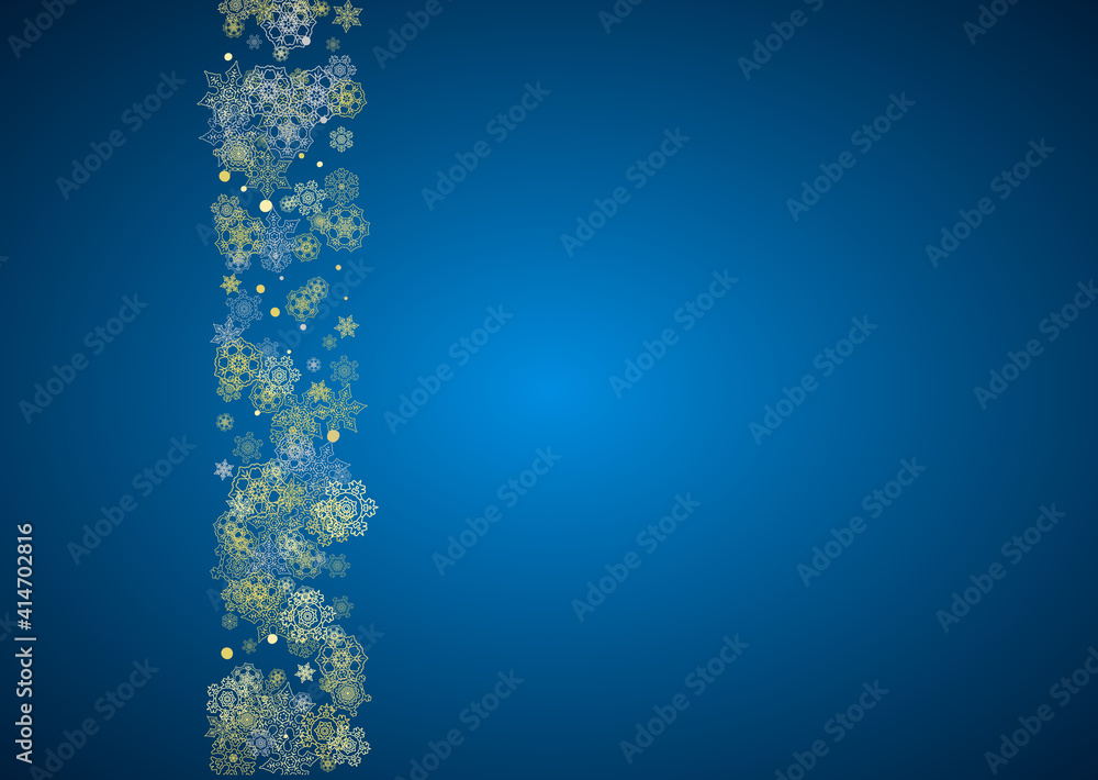 New Year frame with gold snowflakes on blue background. Horizontal Christmas and New Year frame for gift certificate, ads, banner, flyer, sales offers, event invitations. Glitter snow with sparkle New Year frame with gold snowflakes on blue background. Horizontal Christmas and New Year frame for gift certificate, ads, banner, flyer, sales offers, event invitations. Glitter snow with sparkle