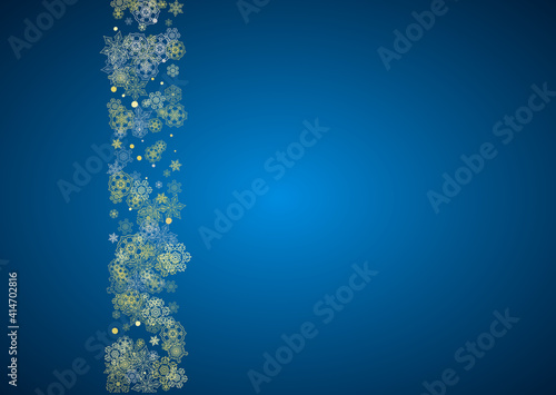 New Year frame with gold snowflakes on blue background. Horizontal Christmas and New Year frame for gift certificate, ads, banner, flyer, sales offers, event invitations. Glitter snow with sparkle