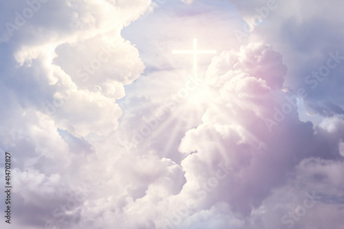 Quadro su tela Cross silhouette in sky with clouds. Resurrection of Jesus