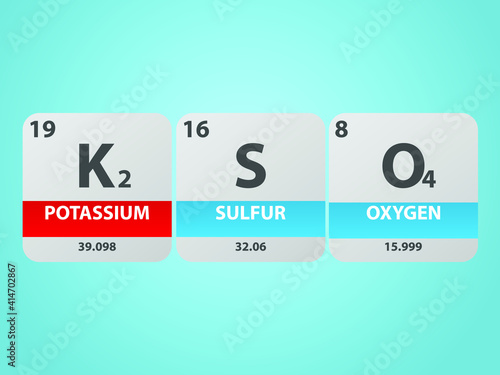 Potassium sulfate k2so4 molecule. Simple molecular formula consisting of Potassium, Sulfur , Oxygen elements. Chemical compound simplified structure on blue background, for chemistry education 
