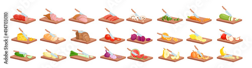 Cooking food process isometric knife processing fresh meat fish bread vegetables fruits
