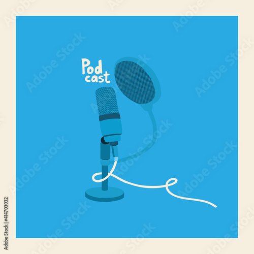 Blue studio microphone on a blue background. Vector cover for podcast show. Illustration and lettering.