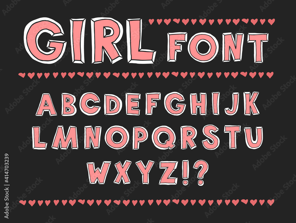Pink GIRL font. Hand Drawn Vector Typeface. Hand Made handwritten Alphabet. Decorative Type. Font Vector illustration.
