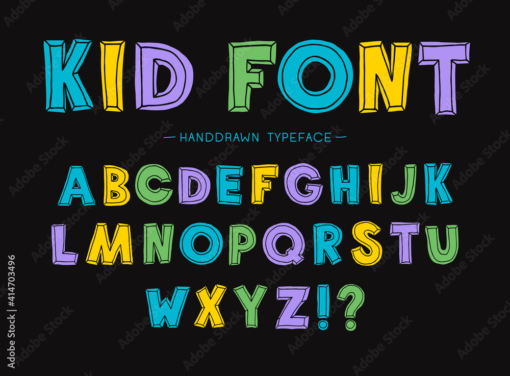Naklejka Kid font. Children s font. Set of multicolored letters for inscriptions. Vector illustration of an alphabet.Hand Drawn Vector Typeface. Hand Made handwritten Alphabet.