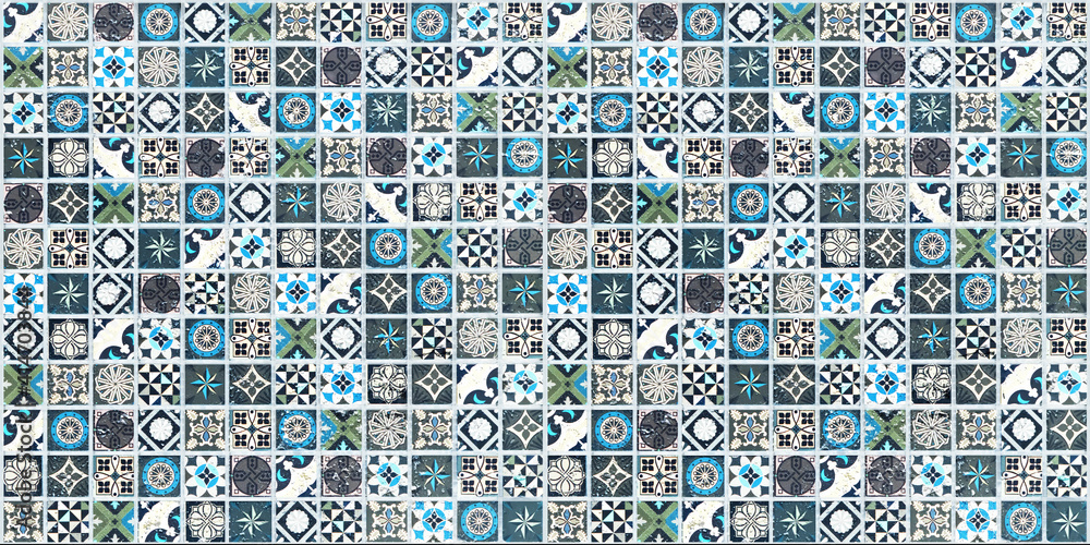 Seamless gray turquoise blue vintage retro geometric square mosaic motive tile mirror texture background