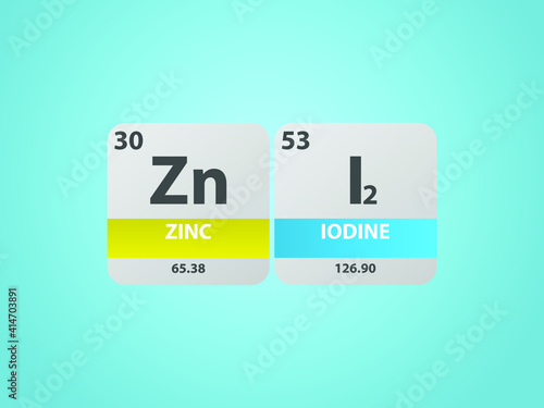 Zinc iodide zni2 molecule. Simple molecular formula consisting of Zinc, Iodine ,  elements. Chemical compound simplified structure on blue background, for chemistry education 
