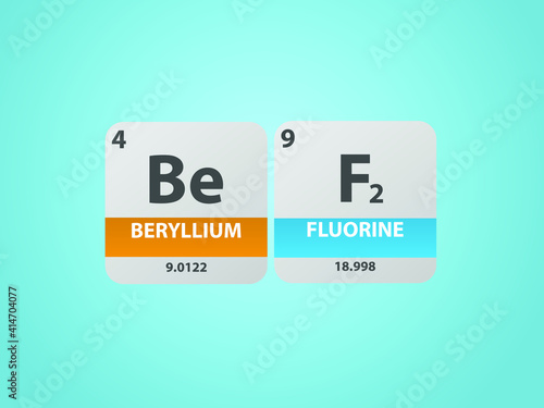 Beryllium fluoride bef2 molecule. Simple molecular formula consisting of Beryllium, Fluorine ,  elements. Chemical compound simplified structure on blue background, for chemistry education 
