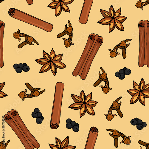 Seamless pattern of spice cloves, anise, cinnamon, black pepper peas on a beige background. Hand drawing. Vector illustration of spices in cartoon style.