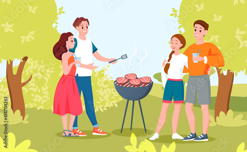 Happy couple people at outdoors barbecue picnic, young man woman characters have fun