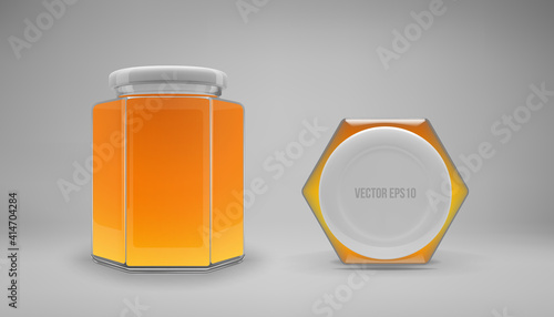 Hexagon glass honey jar with a lid. Realistic 3D illustration. Vector