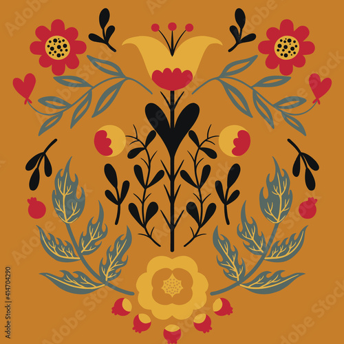 Vector hand drawn floral ornament. Decorative flowers, leaves and additional objects. Autumn, spring flowers for print, fabric, textiles, wallpaper posters, interior decor