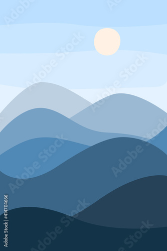 minimalist landscape, the sun, the blue mountains. monochrome. Vector illustration. Poster.