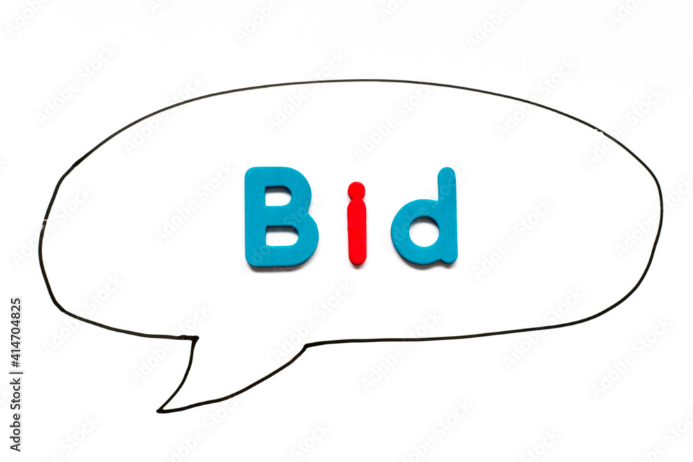 Alphabet letter with word bid in black line hand drawing as bubble speech on white board background Alphabet letter with word bid in black line hand drawing as bubble speech on white board background