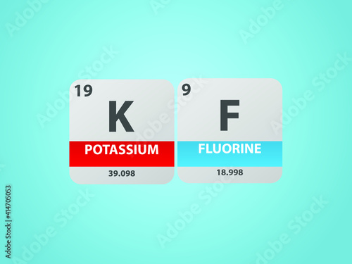Potassium fluoride kf molecule. Simple molecular formula consisting of Potassium, Fluorine ,  elements. Chemical compound simplified structure on blue background, for chemistry education 
