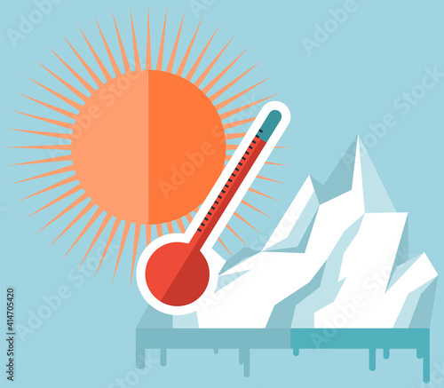 Melting glaciers due to global warming. Rising air and water temperatures displayed on thermometer. Sun heats surface of Earth. Planet heats up and causes glaciers to melt and water levels rise