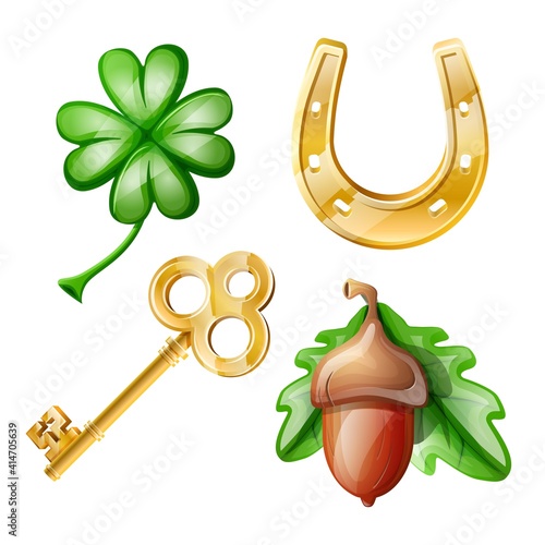 Vector cartoon set of good luck symbols: clover, golden key, horseshoe, acorn. Isolated on white background.