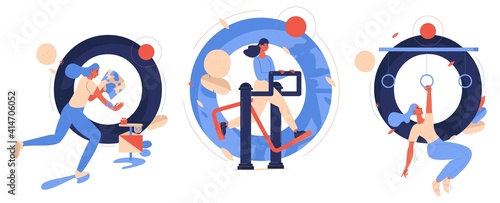 Letters O collection with women training and having active lifestyle. Outdoor gym, obstacle course racing, orienteering activities drawn in blue and orange. Colorful illustrations isolated on white