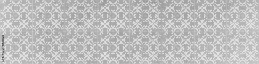 Seamless grunge gray white concrete stone cement square mosaic tile mirror texture background banner panorama, with circle leaf flower motive print