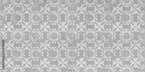 Seamless grunge gray white concrete stone cement square mosaic tile mirror texture background, with circle leaf flower motive print