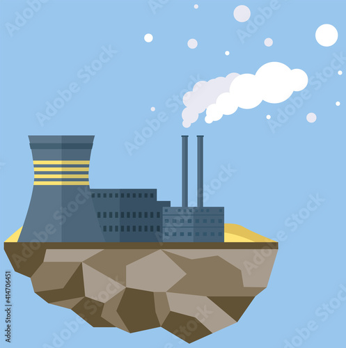 Manufacture pollutes atmosphere. Plant isolated on piece of land. Building destroying environment and emits harmful gases. Energy production factory. Environmental pollution with smog and smoke