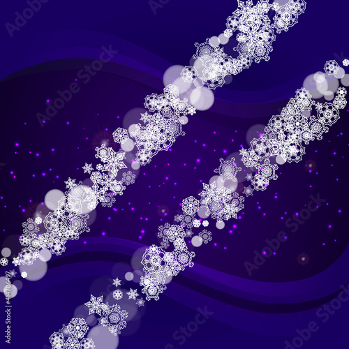 Xmas theme sale with ultraviolet snowflakes. New Year snowy backdrop. Winter border for gift coupons, vouchers, ads, party events. Christmas trendy background. Holiday banner for xmas theme
