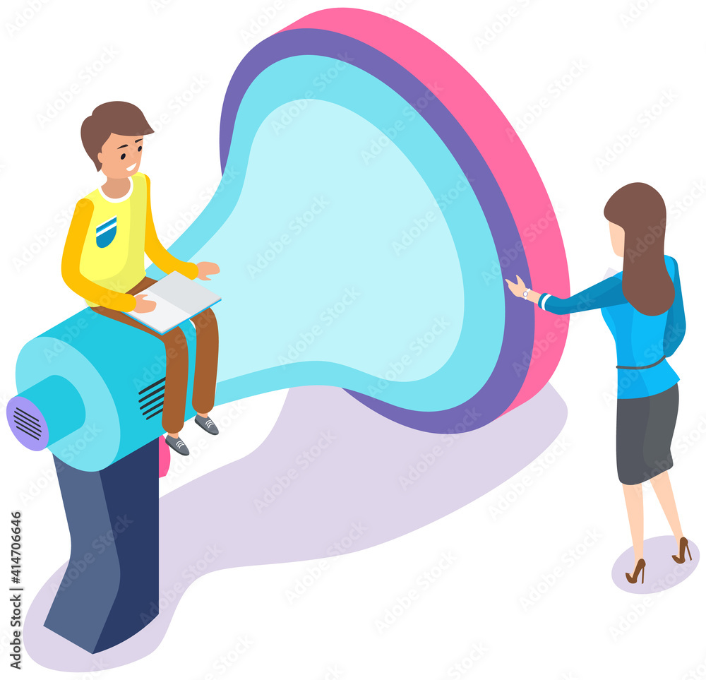 Big megaphone with a small people, teamwork of professional marketers for advertising to attract attention. Business promotion, online alerting, loudspeaker speaks for communication with clients