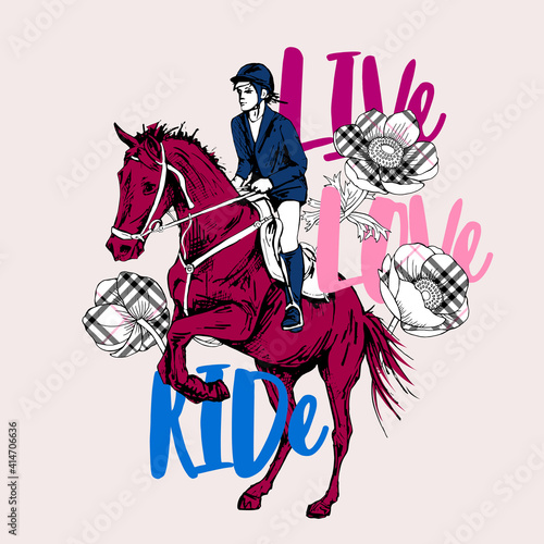 The Galloping beautiful horse, rider and checkered flowers. Life, Love, Ride - lettering quote. Romantic card, t-shirt composition, hand drawn style print. Vector illustration.