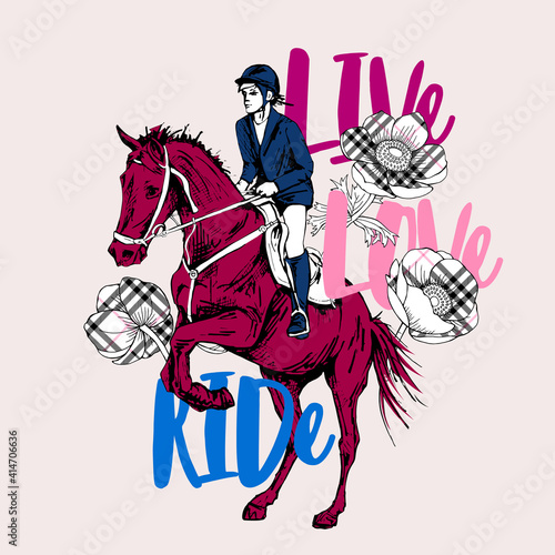 The Galloping beautiful horse, rider and checkered  flowers. Life, Love, Ride - lettering quote. Romantic card, t-shirt composition, hand drawn style print. Vector illustration.