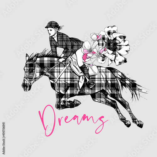 The Galloping checkered beautiful horse, rider and flowers. Dreams - lettering quote. Romantic card, t-shirt composition, hand drawn style print. Vector illustration.