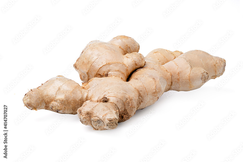 Fresh ginger root rhizome with shredded ginger on white background