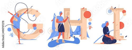 Letters G for gymnastics, H for hiking, I for iaido training. Vector female characters drawn in blue and orange. Educational set isolated on white with capital english characters