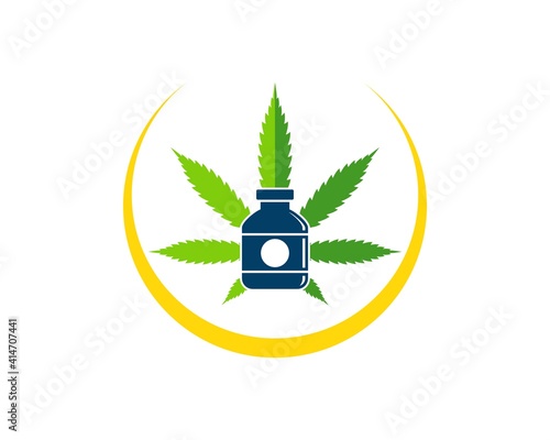 Cannabis leaf with medicine bottle and swoosh