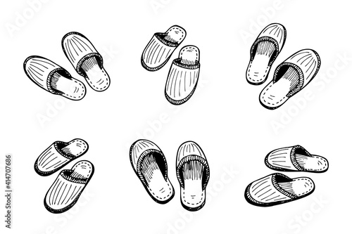 Sleeping slippers couple set hand drawn sketch. Home shoes pair black and white doodle collection. Vector isolated illustration