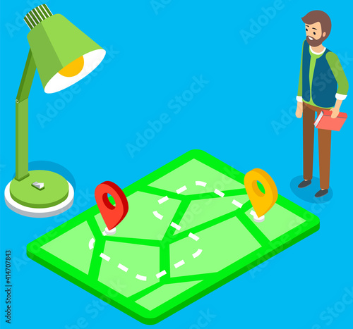 Business plan concept project management and strategy, man with book stands near map with marks. Location analysis, placement of trade points. Businessman determines geolocation, studying new route