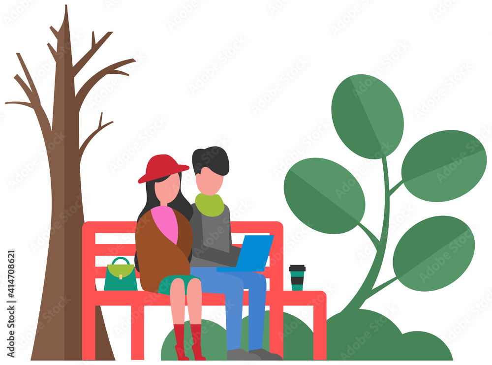 Man and woman sitting on bench outdoors. Couple in love on date. People in relationship on walk in park destroyed by human activity. Dirty, dry, greenless nature. Save environment and ecology concept Man and woman sitting on bench outdoors. Couple in love on date. People in relationship on walk in park destroyed by human activity. Dirty, dry, greenless nature. Save environment and ecology concept