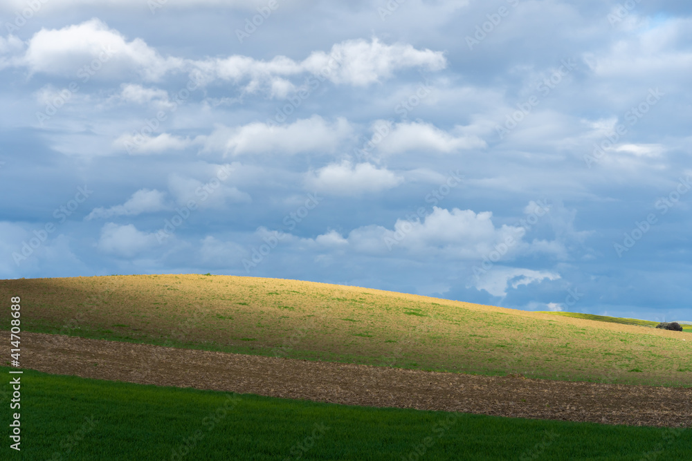 Fototapeta premium Stock photo of rural landscape against blue sky.