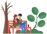 Man and woman sitting on bench outdoors. Couple in love on date. People in relationship on walk in park destroyed by human activity. Dirty, dry, greenless nature. Save environment and ecology concept
