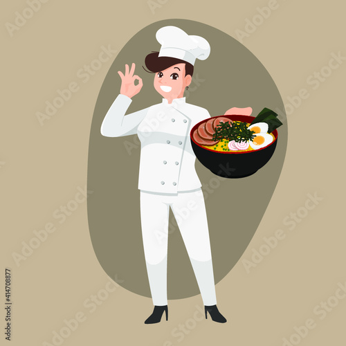 Happy chef cartoon portrait of young big guy cook wearing hat and chef uniform hold bowl of ramen and do thumb up sign gesture. Man cook delicious food and show to camera.