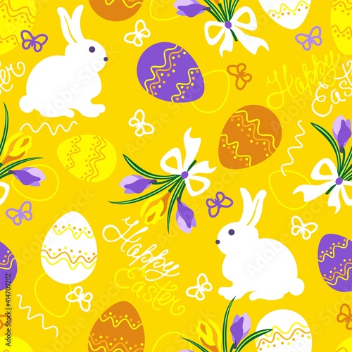 Easter pattern. Eggs, rabbits, bouquets of snowdrops on a yellow background. The  lettering 
